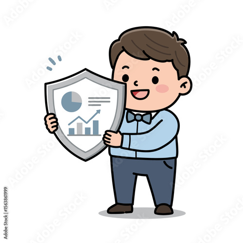 Boy holding data security shield with graphs. Perfect for illustrating cybersecurity concepts, data protection and online safety education.