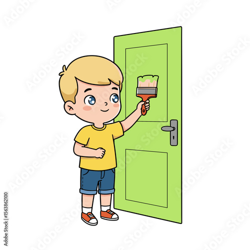 Boy painting green door with brush. Ideal for illustrating home improvement, DIY projects, and creative skills development for children.