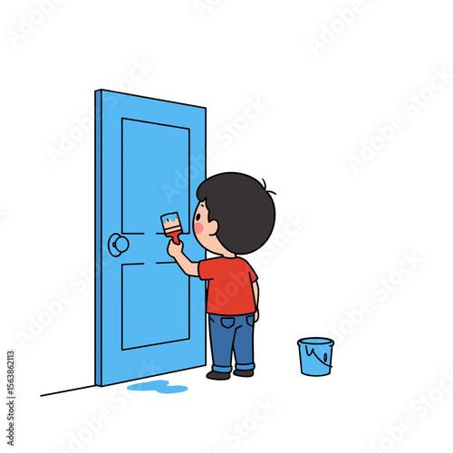 Boy washing blue door with cleaning solution. Perfect for illustrating household chores, cleaning responsibilities, and home maintenance concepts.