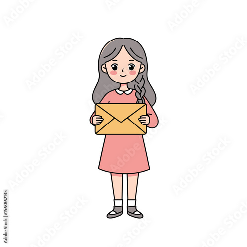 Girl holding yellow envelope with care. Perfect for illustrating communication, mail services, and correspondence concepts.