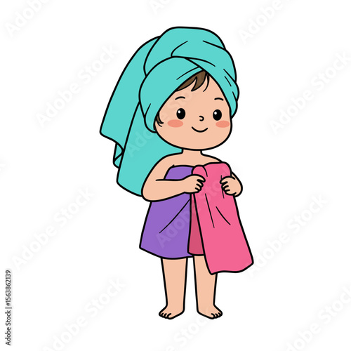 Girl after shower with towel wrapped around hair. Ideal for illustrating personal care, bathroom routines, and self-care concepts.