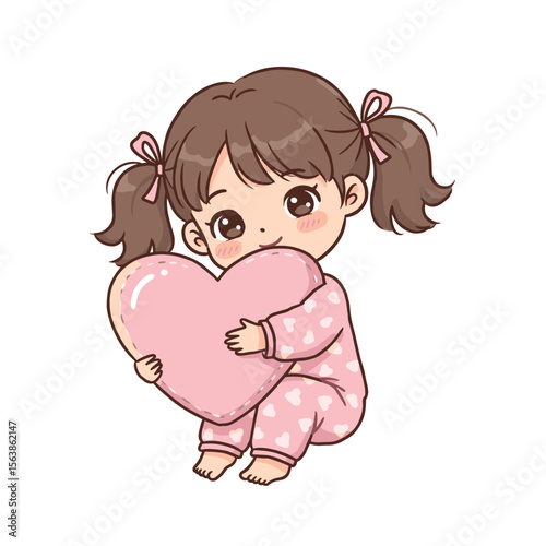 Cute girl in pajamas hugging heart pillow. Perfect for illustrating comfort, bedtime routines, and emotional well-being concepts.