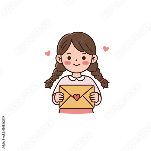 Girl holding love message card with hearts. Ideal for illustrating Valentine's Day, affection expressions, and heartfelt communication concepts.