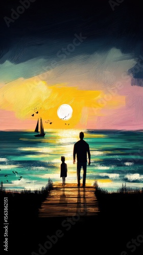 Father and Daughter Silhouetted at Sunset Seaside