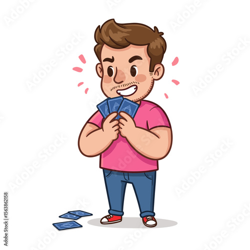 Man excitedly holding winning playing cards. Ideal for illustrating games, entertainment, competition, and strategic thinking concepts.