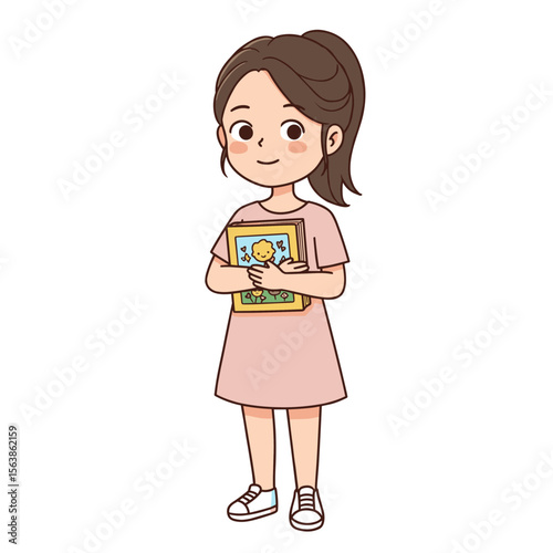 Girl holding picture book in pink dress. Perfect for illustrating children's literature, early education, and storytelling concepts.