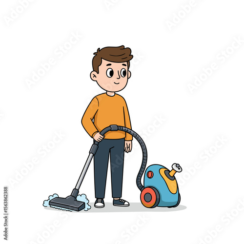 Man with vacuum cleaning floor. Ideal for housekeeping services, cleaning guides, and home maintenance tips.