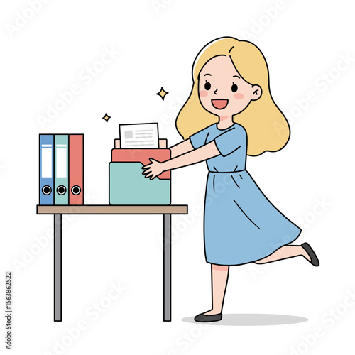 Girl with file cabinet organizing documents. Perfect for office organization, administrative tasks, and file management systems.