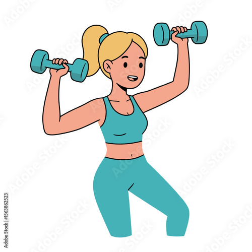 Woman lifting weights performing dumbbell exercise. Perfect for fitness routines, strength training, and women's health content.