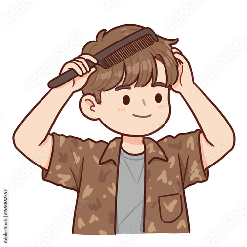 Boy styling hair arranging hairdo. Perfect for children's grooming tips, personal care routines, and self-image development.