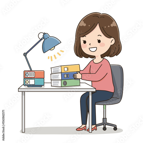 Woman at desk working with office supplies. Ideal for remote work setups, home office organization, and productivity environments.