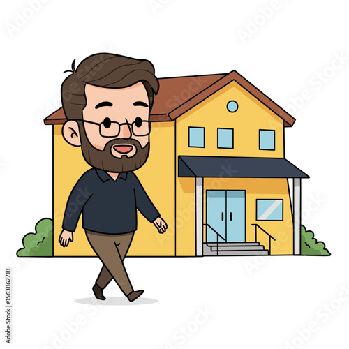 Man walking near yellow home. Perfect for real estate services, homeownership concepts, or property investment guides.