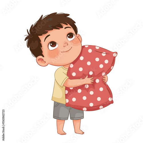 Boy with red polka dot pillow. Ideal for children's bedtime routines, comfort items for kids, or sleep hygiene educational content.