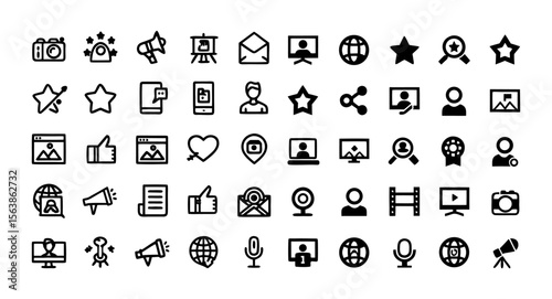 Influencer and Blogger Outline Icon Set – Editable Stroke Vector Icons of Vlogging, Blogging, Content Creator, Influencer, Video, Social Media, Followers, and More – Line Style Digital Creator Icons