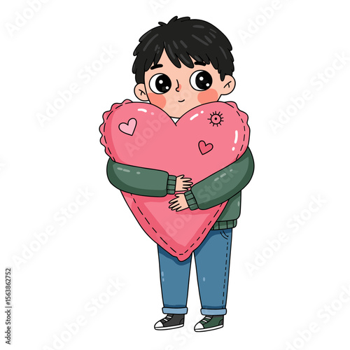 Boy with love expressions hugging pink heart pillow. Ideal for Valentine's Day themes, emotional support, or affection concepts.