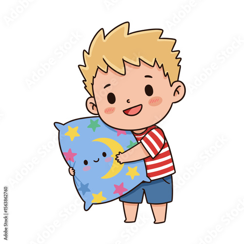 Boy with blue star pattern pillow. Perfect for children's bedtime stories, sleep education, or kids' room decor themes.