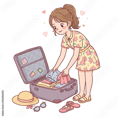 Girl packing suitcase with vacation items. Perfect for travel preparation guides, family vacation planning, or holiday organization tips.