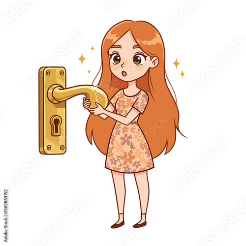 Surprised young girl holding a door handle with a curious expression