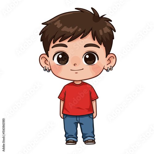 Boy standing casual with simple red shirt portrait. Perfect for character avatars, youth profiles, or educational materials.