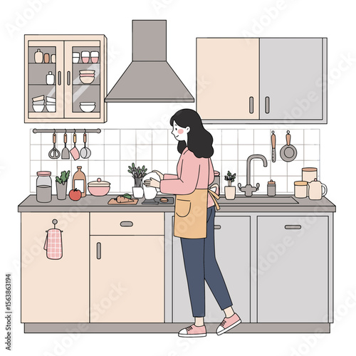 Woman in kitchen cooking at counter with utensils. Ideal for cooking content, home lifestyle, or culinary education.