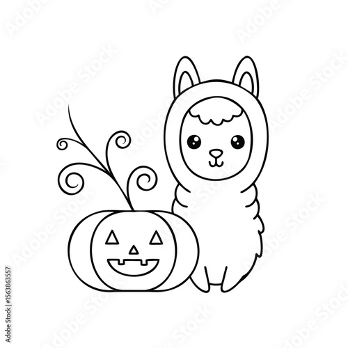 A llama in a costume next to a carved pumpkin for Halloween animal jackolantern
