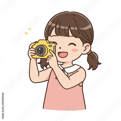 Girl with camera capturing joyful moments. Perfect for photography hobbies, travel documentation, or content creation for social media.