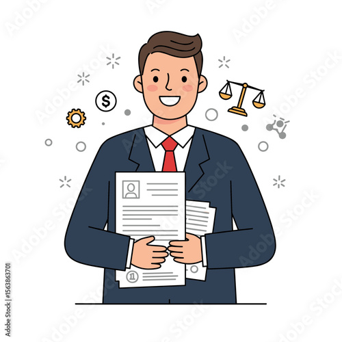 Man with legal documents in formal suit. Ideal for law services, professional financial consulting, or contract management illustrations.