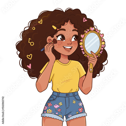 Woman with mirror admiring curly hair with earrings. Ideal for beauty routines, self-care practices, or hair care product promotions.