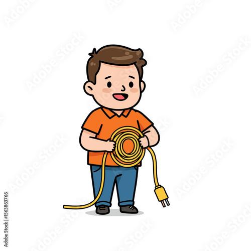 Boy with measuring tape and construction tools. Ideal for DIY projects, home repair services, or trade skills education concepts.