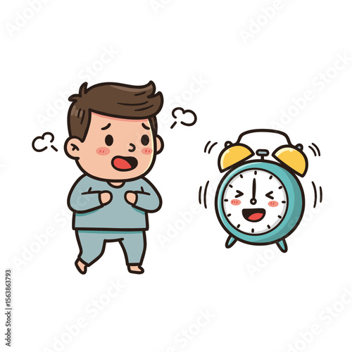 Boy with alarm clock showing surprise. Ideal for time management, morning routine, or punctuality concept illustrations.