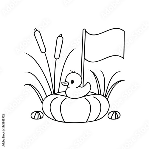 Handdrawn outline a duck in a pond with flag cattails autumn elements vector
