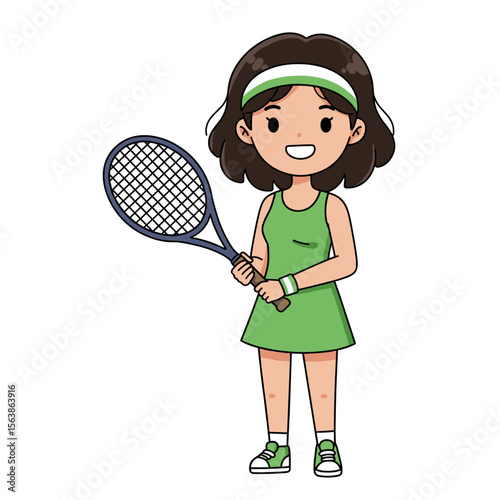 Girl with tennis racket in green outfit. Perfect for youth sports programs, tennis lessons, or active lifestyle promotion for children.