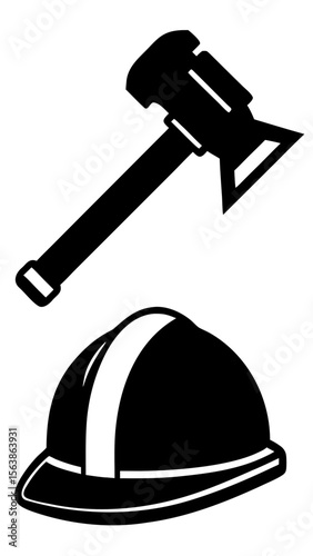Isolated vector icon of a hammer and helmet beside a hammer and nail, representing work and construction tools