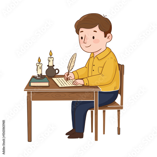 Man writing by candlelight at desk. Historical or creative writing concept for authors, poets, and literary content creation.