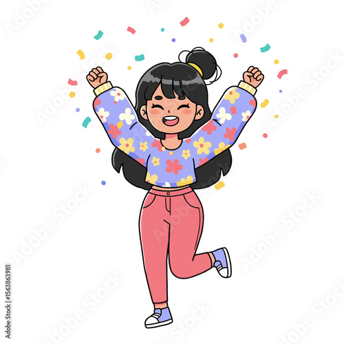 Woman celebrating with confetti in colorful outfit. Success and achievement concept for personal milestones and joyful accomplishments.