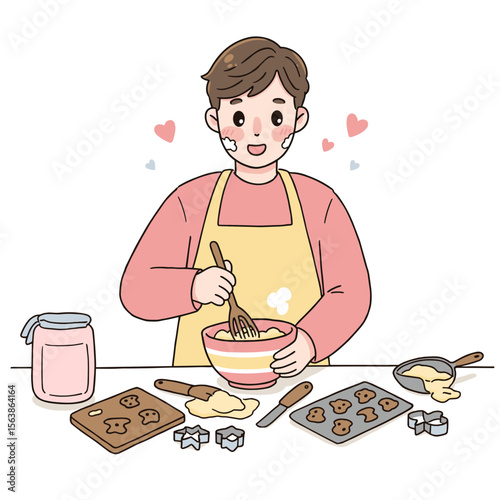 Woman mixing ingredients in bowl with baking utensils. Home cooking concept for recipe development and pastry preparation.