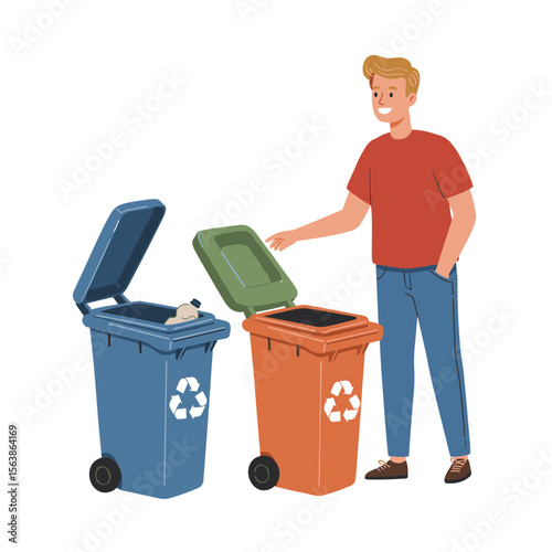 Man sorting waste into recycling bins. Environmental responsibility concept for sustainable living and proper waste management.