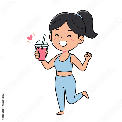Woman with smoothie cup jogging happily. Healthy lifestyle concept for fitness routines, active living, and nutritional habits.