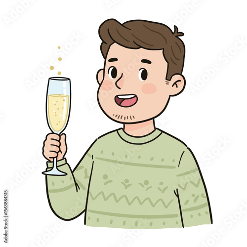 Man with champagne glass in casual sweater. Celebration concept for informal gatherings, holiday toasts, and friendly celebrations.