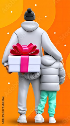 Father and Son Holding a Gift: 3D Winter Holiday Illustration
