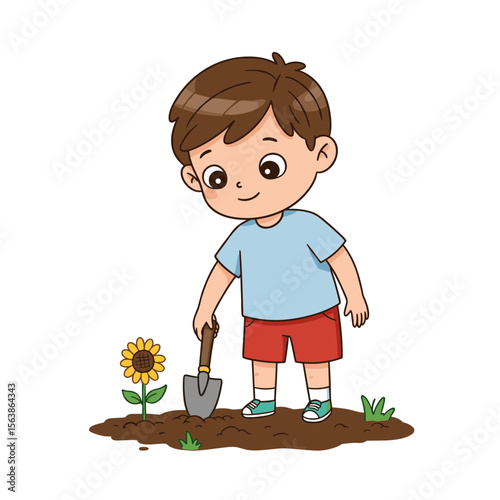 Boy planting sunflower with small shovel. Gardening education concept for children's nature activities and plant cultivation.