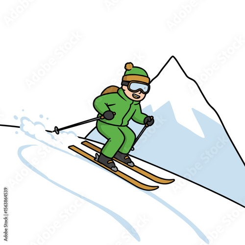 Boy skiing in green winter outfit. Ideal for winter sports, mountain activities, and cold weather recreation concepts.