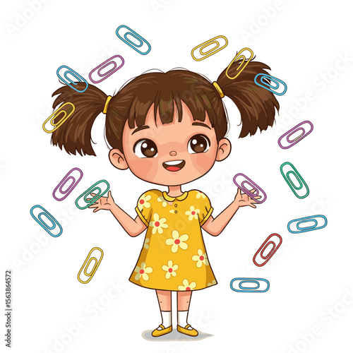 Girl with paper clips in yellow dress. Ideal for office supplies, organization, and school stationery concepts.