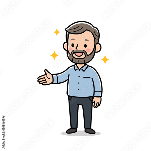 Man with welcoming gesture in blue shirt. Ideal for customer service, hospitality, and friendly business approach concepts.