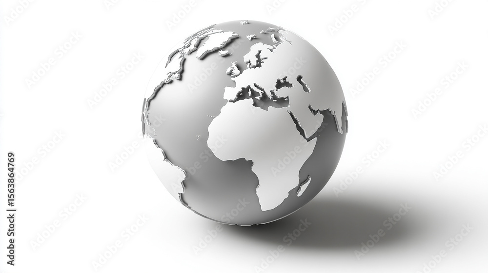 Naklejka premium Minimal white globe icon on a clean blank background with ample caption space on the side. Simple, modern design symbolizes global connection, internet, communication, or worldwide access.
