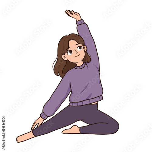 Woman in purple outfit doing yoga stretch. Perfect for fitness, wellness, flexibility, and mindfulness practice concepts.