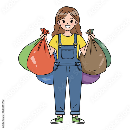 Girl in overalls carrying multiple garbage bags. Ideal for waste management, recycling programs, and environmental cleanup concepts.