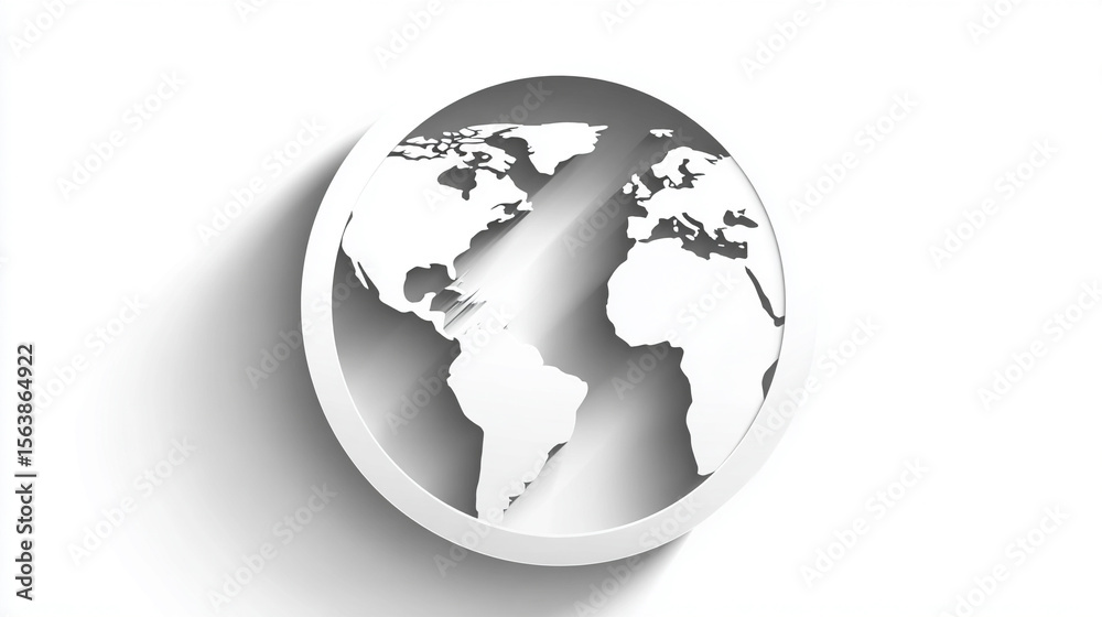 Naklejka premium Minimal white globe icon on a clean blank background with ample caption space on the side. Simple, modern design symbolizes global connection, internet, communication, or worldwide access.
