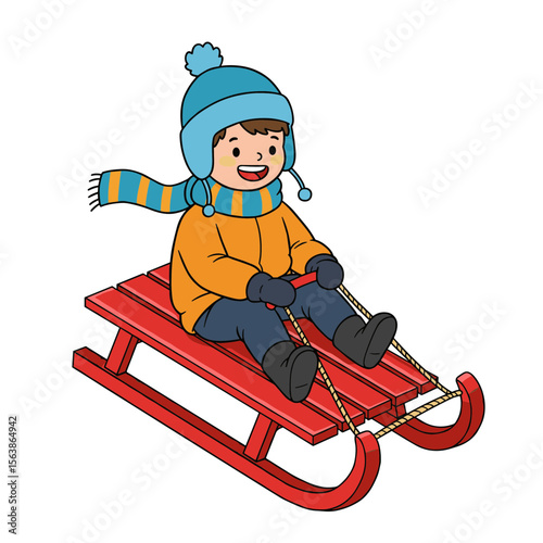 Boy on red sled in winter clothes. Perfect for winter recreation, holiday activities, and seasonal outdoor fun concepts.