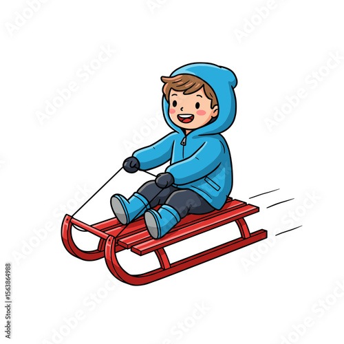 Boy sledding downhill in blue winter outfit. Ideal for winter activities, seasonal recreation, and outdoor winter fun concepts.